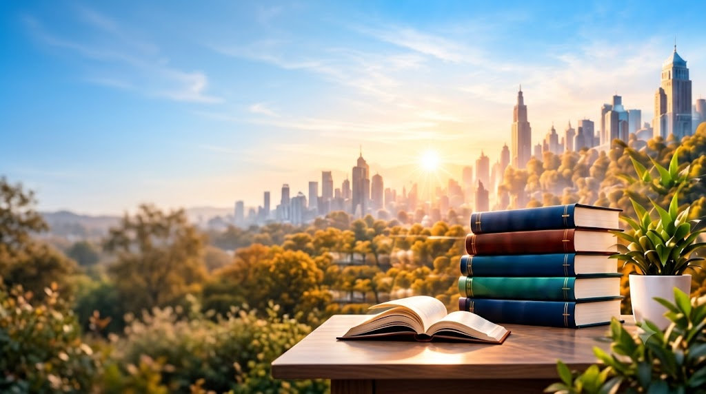 MindSpark Inspiring Knowledge, Books and City Sunrise