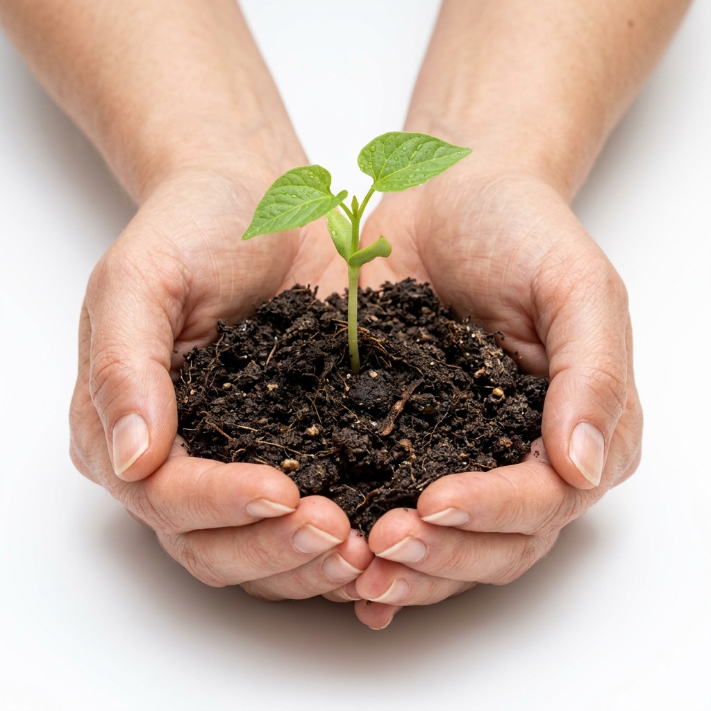 Hands holding green tree sapling